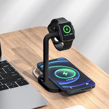 Magnetická bezdrôtová nabíjačka 2 v 1 Stolná bezdrôtová rýchlonabíjacia základňa Dock Station pre Apple Watch/iPhone - čierna