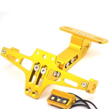 Adjustable CNC Aluminum Alloy Motorcycle License Plate Holder Bike Light Telescopic Bracket with LED Light - Gold