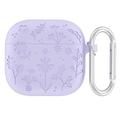 AirPods 4 Flower Pattern Liquid Silicone Case w. Carabiner - Light Purple