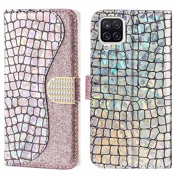 Séria Croco Bling Series Samsung Galaxy A12 Case - Rose Gold