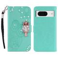 Google Pixel 8 Owl Rhinestone Wallet Case - Cyan