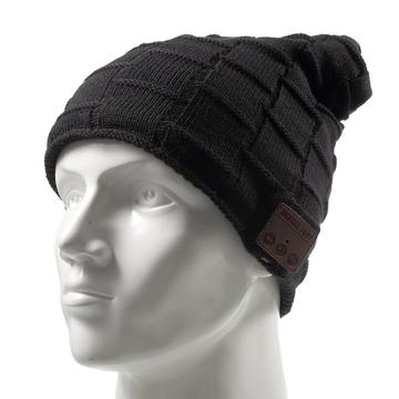 Grid Pattern Knitted Winter Warm Hat with Built-in Wireless Bluetooth Headphones & Microphone - Black