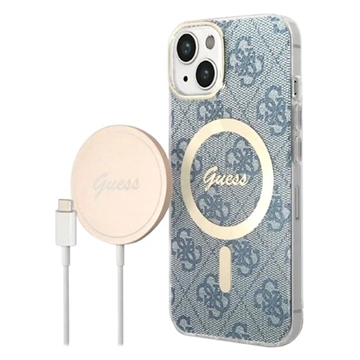 Guess 4G Edition Bundle Pack iPhone 14 Puzdro & Bezdrôtová Nabíjačka - Modrá