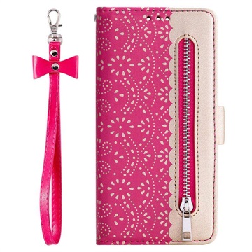 Čipkový vzor iPhone 11 Pro Wallet Case - Hot Pink