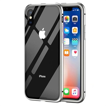 Magnetické puzdro pre iPhone X s temperovaným sklom zadným sklom - sivé