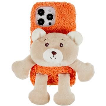 3D Plush Doll iPhone 14 Pro TPU Puzdro - Oranžová / Medveď