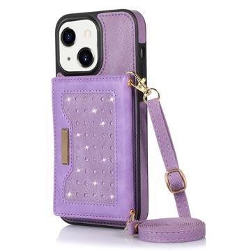 Puzdro s Peňaženkou iPhone 14 Plus Rhinestone Decor - Fialová