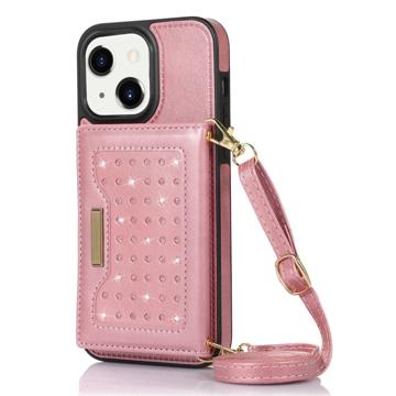 Puzdro s Peňaženkou iPhone 14 Plus Rhinestone Decor - Ružové Zlato