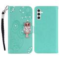 Samsung Galaxy A15 Owl Rhinestone Wallet Case - Cyan