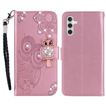 Samsung Galaxy A25 Owl Rhinestone Wallet Case - Rose Gold