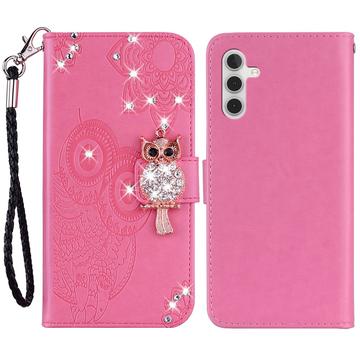 Samsung Galaxy A35 Owl Rhinestone Wallet Case - Hot Pink