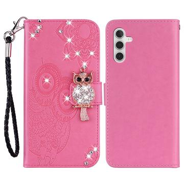 Samsung Galaxy S24 FE Owl Rhinestone Wallet Case - Hot Pink