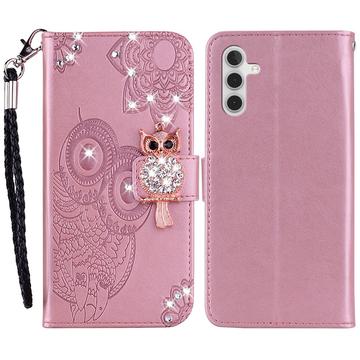 Samsung Galaxy S24 Owl Rhinestone Wallet Case - Rose Gold