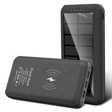 Solar Power Bank 20000mAh w. Wireless Charging, 3x USB Ports, Dual LED Flashlight - Black