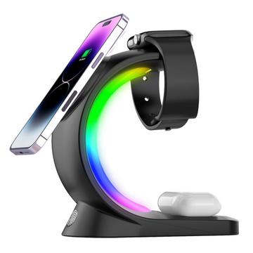 T17 3-v-1 RGB Light Magnetická bezdrôtová nabíjačka pre iPhone radu 12 / 13 / 14 / 15 Stolný stojan na rýchle nabíjanie kompatibilný s MagSafe - čierny