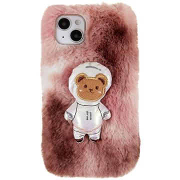 3D Plush Chlpatá zima iPhone 14 Plus TPU Puzdro - Hnedý Medveď