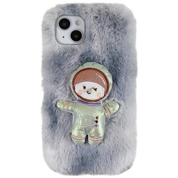 3D Plush Chlpatá Zima iPhone 14 Plus TPU Puzdro - Šedá Spaceman