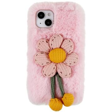 3D Plush Chlpatá Zima iPhone 14 Plus TPU Puzdro - Ružová Kvet