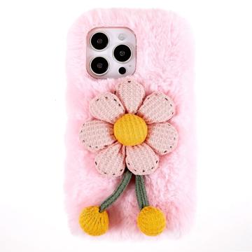 3D Plush Chlpatá zima iPhone 14 Pro Max TPU Puzdro - Ružový Kvet