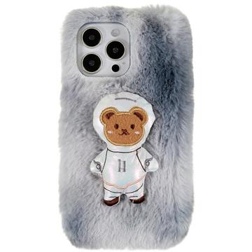 3D Plush Chlpatá Zima iPhone 14 Pro Max TPU Puzdro - Šedý medveď