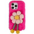 3D Plush Chlpatá zima iPhone 14 Pro TPU Puzdro - Horúci ružový kvet