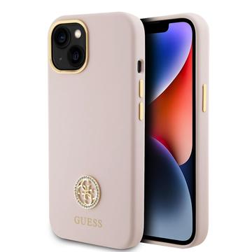 iPhone 15 Guess 4G Puzdro s kovovým logom a kamienkami z tekutého silikónu - ružové