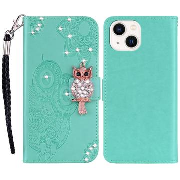 iPhone 15 Owl Rhinestone Wallet Case - Cyan