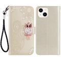 iPhone 15 Owl Rhinestone Wallet Case - Gold