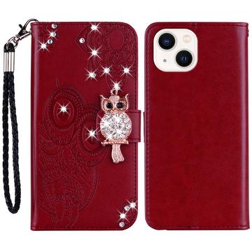 iPhone 15 Owl Rhinestone Wallet Case - Red