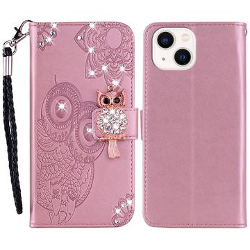 iPhone 15 Owl Rhinestone Wallet Case - Rose Gold