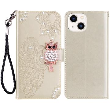 iPhone 15 Plus Owl Rhinestone Wallet Case - Gold