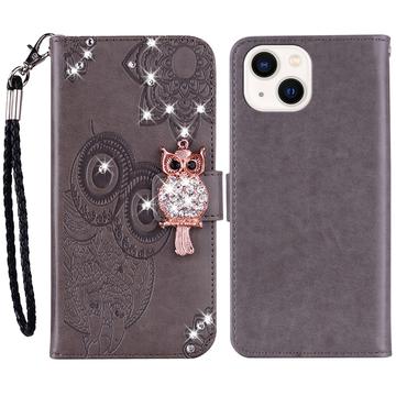 iPhone 15 Plus Owl Rhinestone Wallet Case - Grey