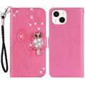 iPhone 15 Plus Owl Rhinestone Wallet Case - Hot Pink