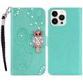 iPhone 15 Pro Max Owl Rhinestone Wallet Case - Cyan