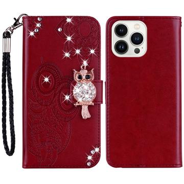 iPhone 15 Pro Max Owl Rhinestone Wallet Case - Red