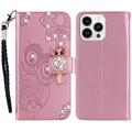 iPhone 15 Pro Max Owl Rhinestone Wallet Case - Rose Gold