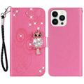 iPhone 15 Pro Owl Rhinestone Wallet Case - Hot Pink