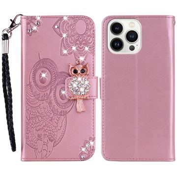 iPhone 15 Pro Owl Rhinestone Wallet Case - Rose Gold