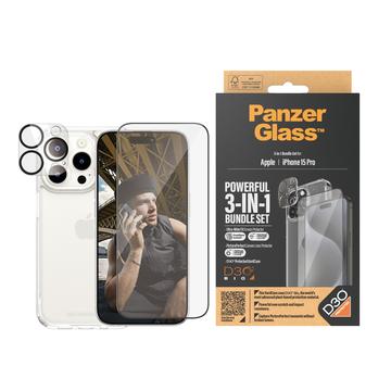 Ochranný balík 3 v 1 PanzerGlass pre iPhone 15 Pro – Priehľadný