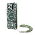 iPhone 16 Pro Guess IML Flowers Allover Electro Case with Pearl Strap - MagSafe Compatible - Green