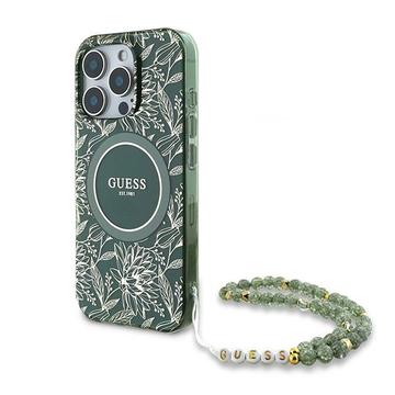 iPhone 16 Pro Guess IML Flowers Allover Electro Case with Pearl Strap - MagSafe Compatible