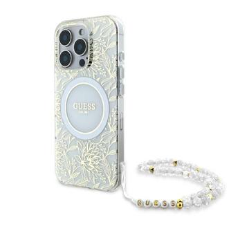 iPhone 16 Pro Max Guess IML Flowers Allover Electro Case with Pearl Strap - MagSafe Compatible - White